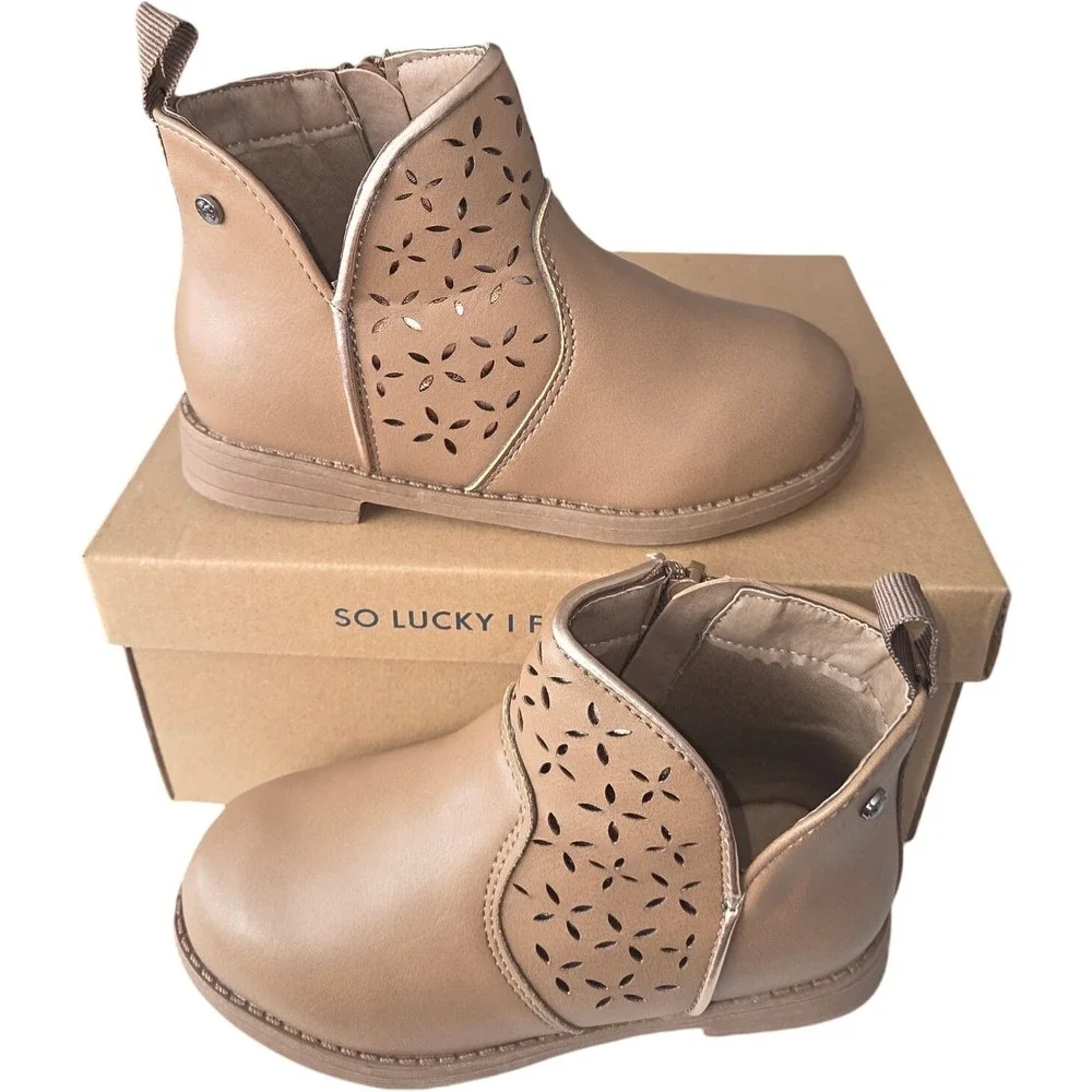 Lucky Brand Tan Floral Laser Cut Ankle Boots Tan Gold Trim Zipper Bootie Size 13